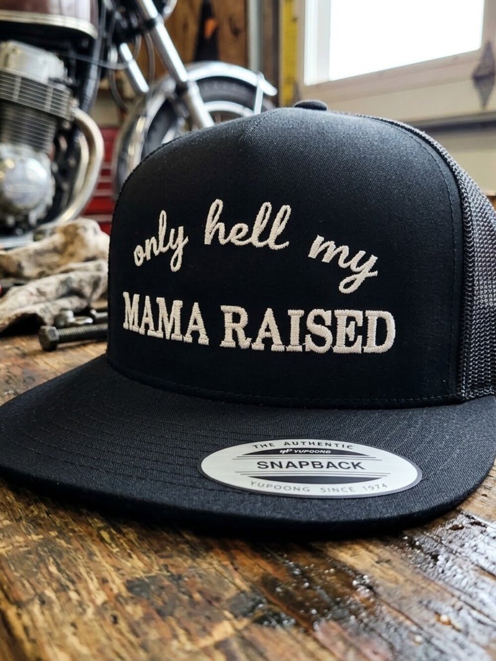 Retro Only Hell My Mama Raised Hat Outlaw Country Black Flat Yupoong Snapback Ne